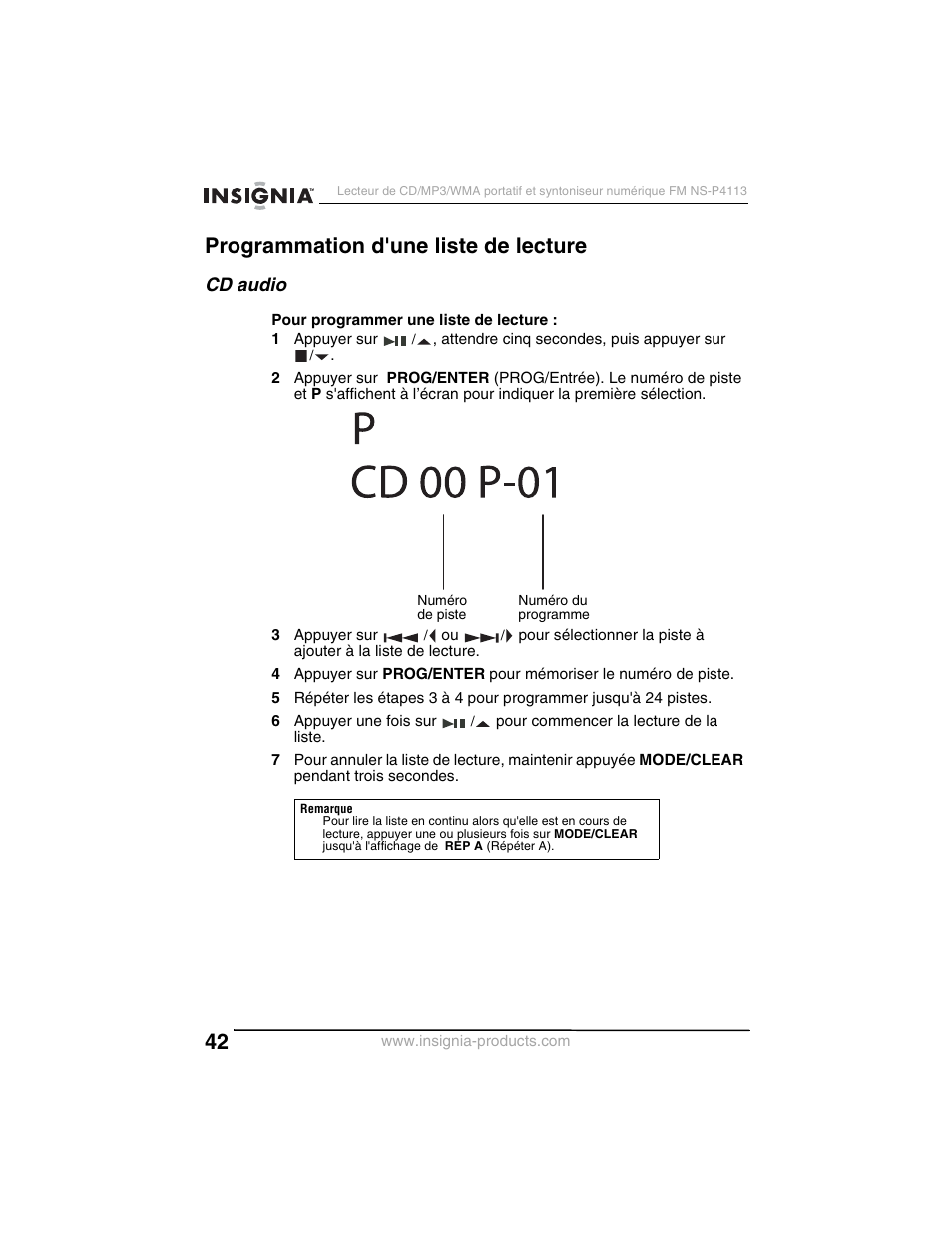 Programmation d'une liste de lecture, Cd audio | Insignia NS-P4113 User Manual | Page 42 / 80