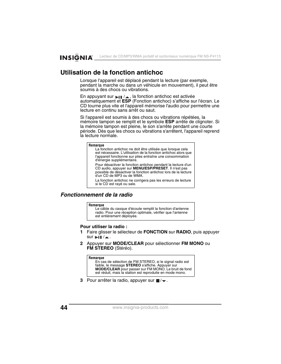 Utilisation de la fonction antichoc, Fonctionnement de la radio | Insignia NS-P4113 User Manual | Page 44 / 80