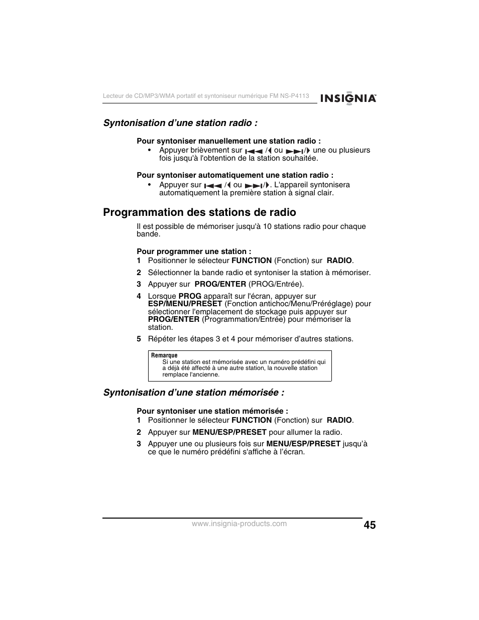 Programmation des stations de radio, Syntonisation d’une station radio, Syntonisation d’une station mémorisée | Insignia NS-P4113 User Manual | Page 45 / 80