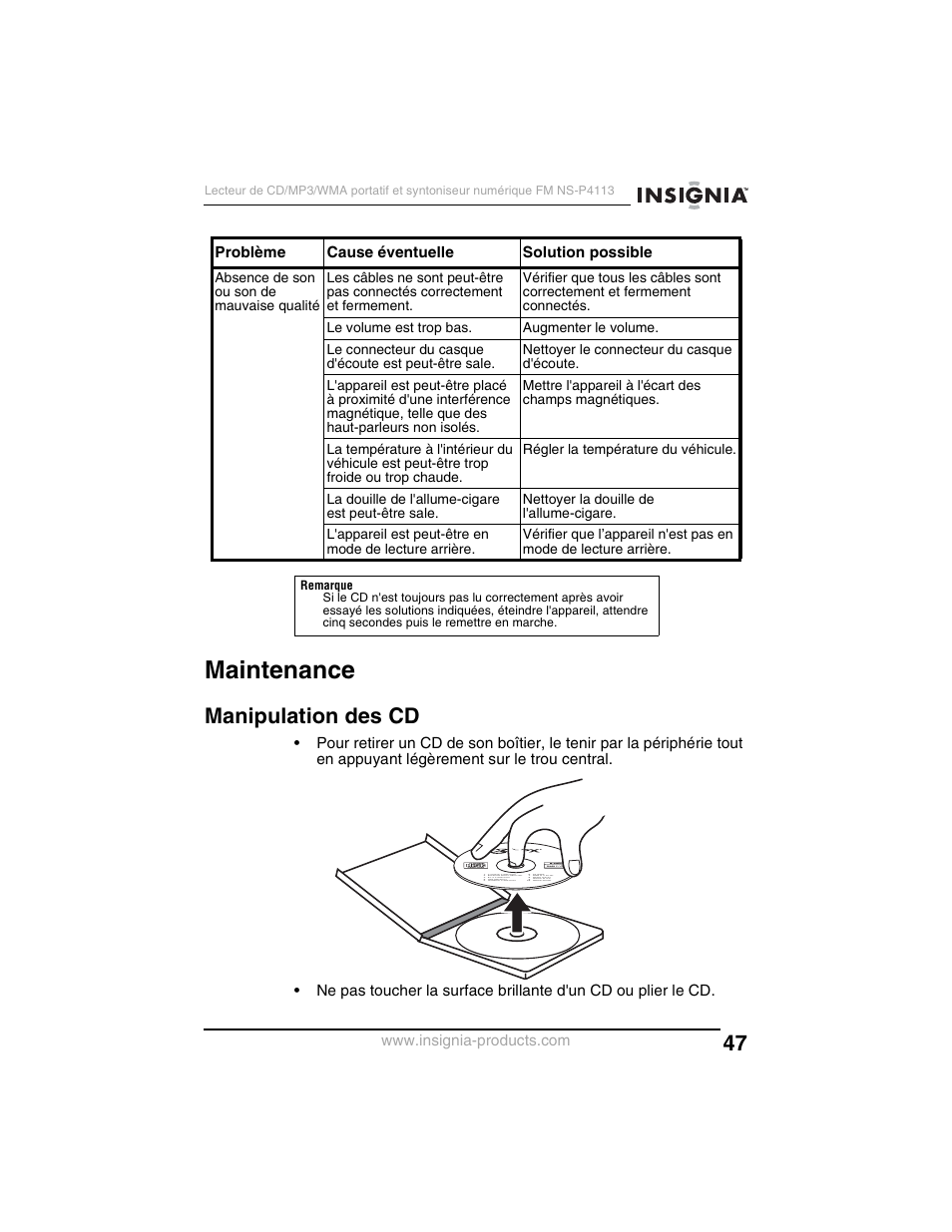 Maintenance, Manipulation des cd | Insignia NS-P4113 User Manual | Page 47 / 80