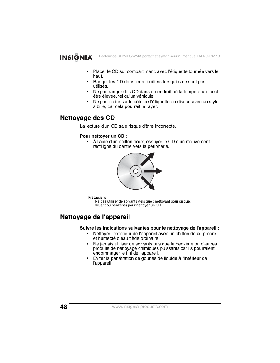 Nettoyage des cd, Nettoyage de l'appareil | Insignia NS-P4113 User Manual | Page 48 / 80