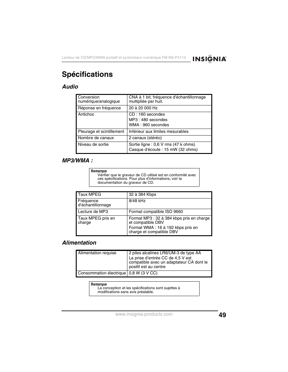 Spécifications, Audio mp3/wma : alimentation | Insignia NS-P4113 User Manual | Page 49 / 80