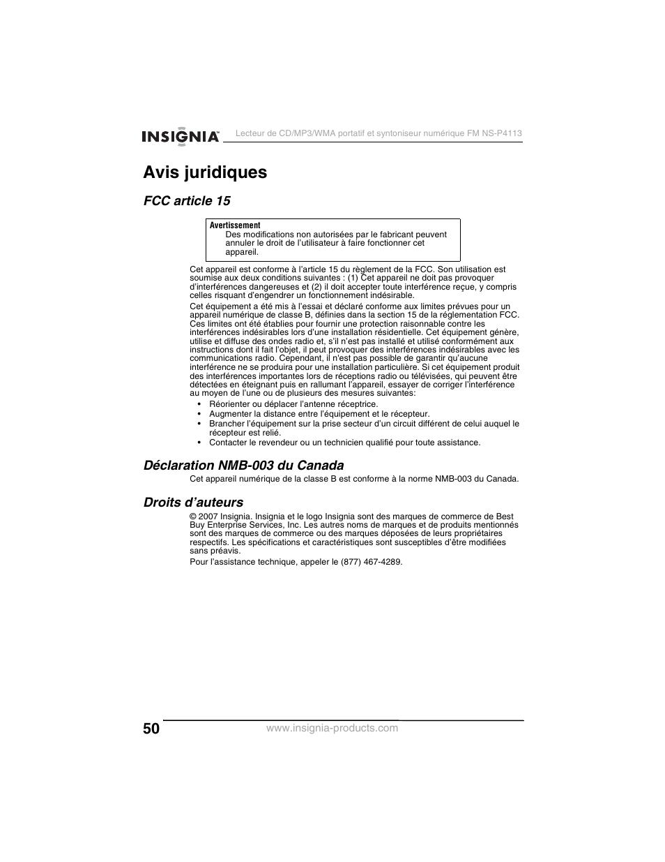 Avis juridiques, Fcc article 15, Déclaration nmb-003 du canada | Droits d’auteurs | Insignia NS-P4113 User Manual | Page 50 / 80