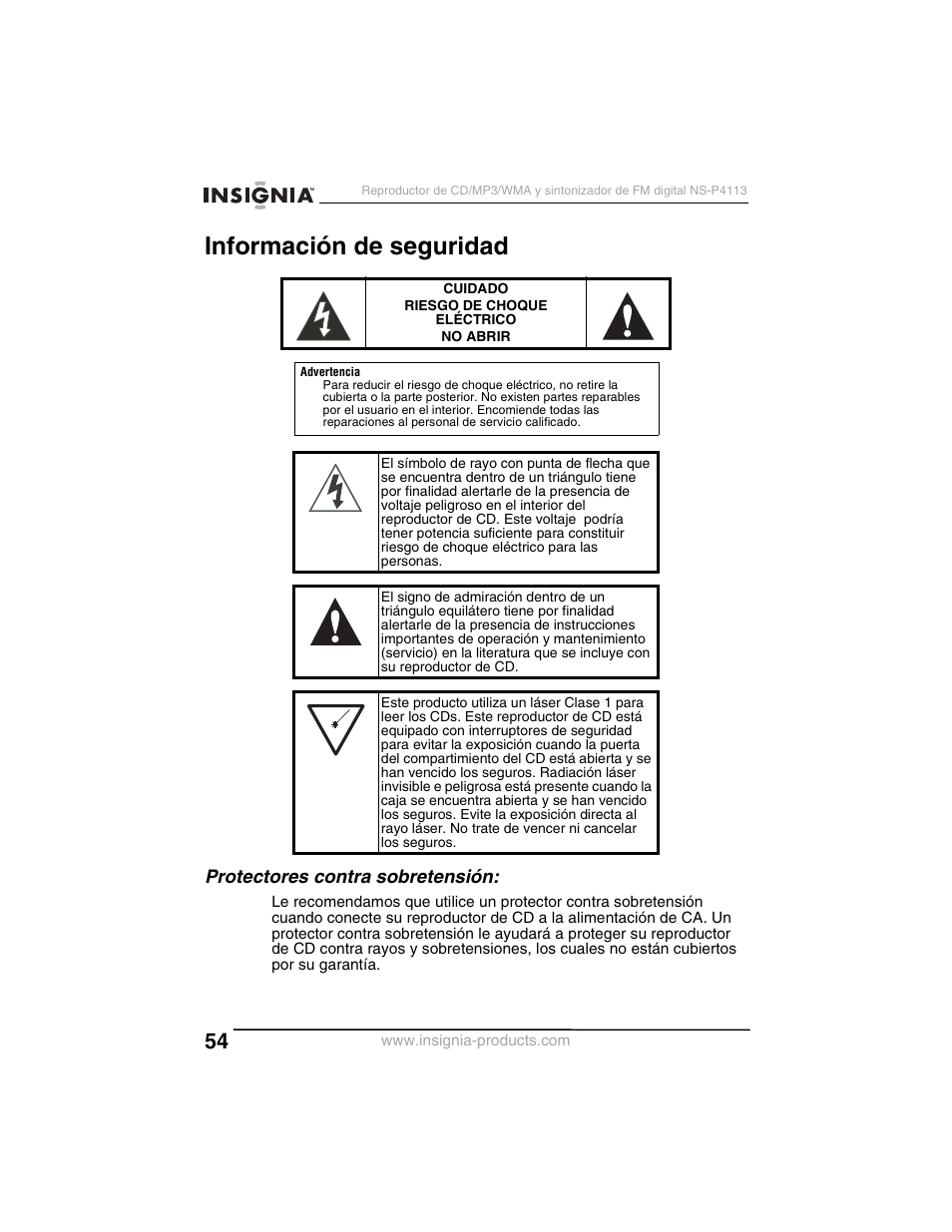 Información de seguridad, Protectores contra sobretensión | Insignia NS-P4113 User Manual | Page 54 / 80
