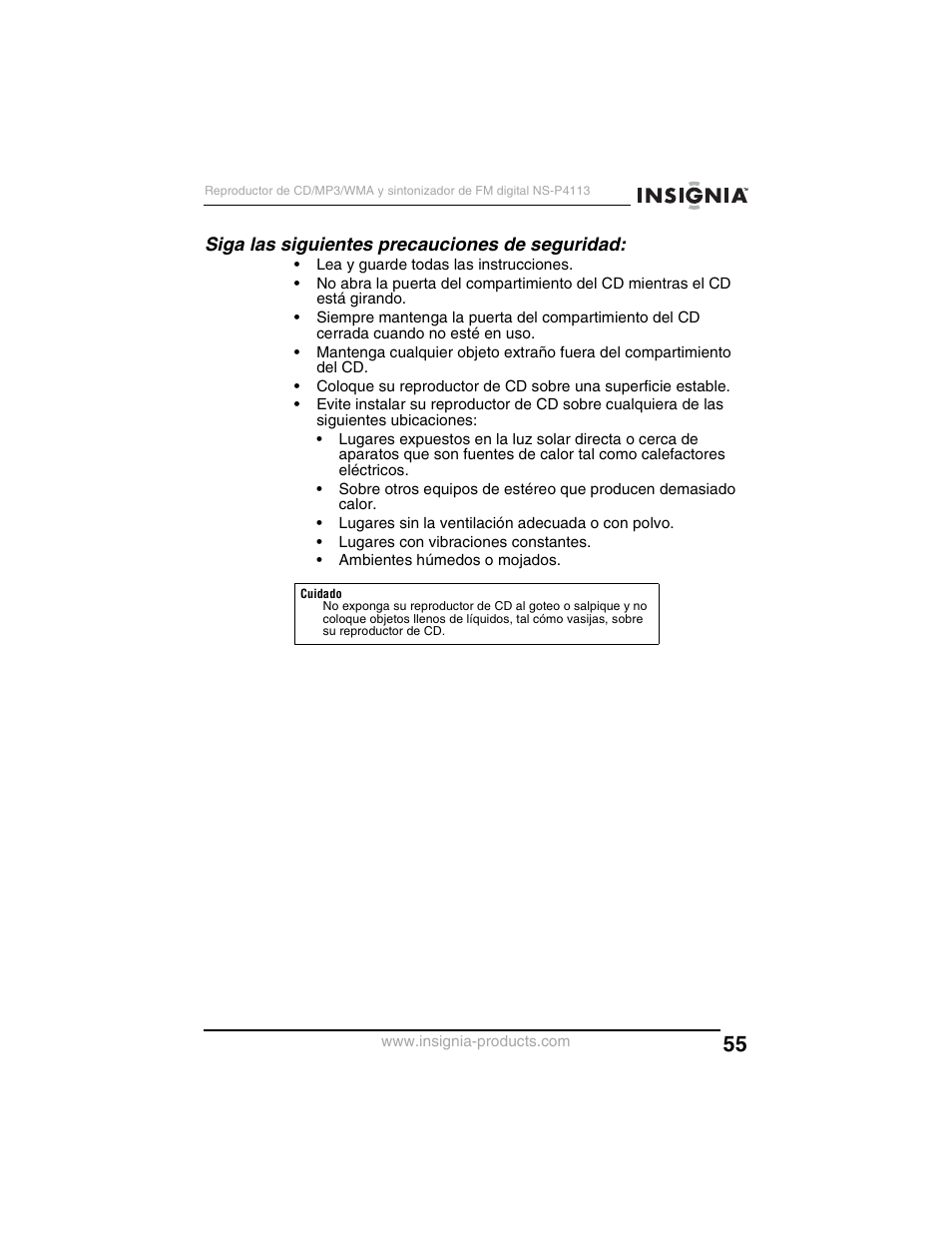 Siga las siguientes precauciones de seguridad | Insignia NS-P4113 User Manual | Page 55 / 80