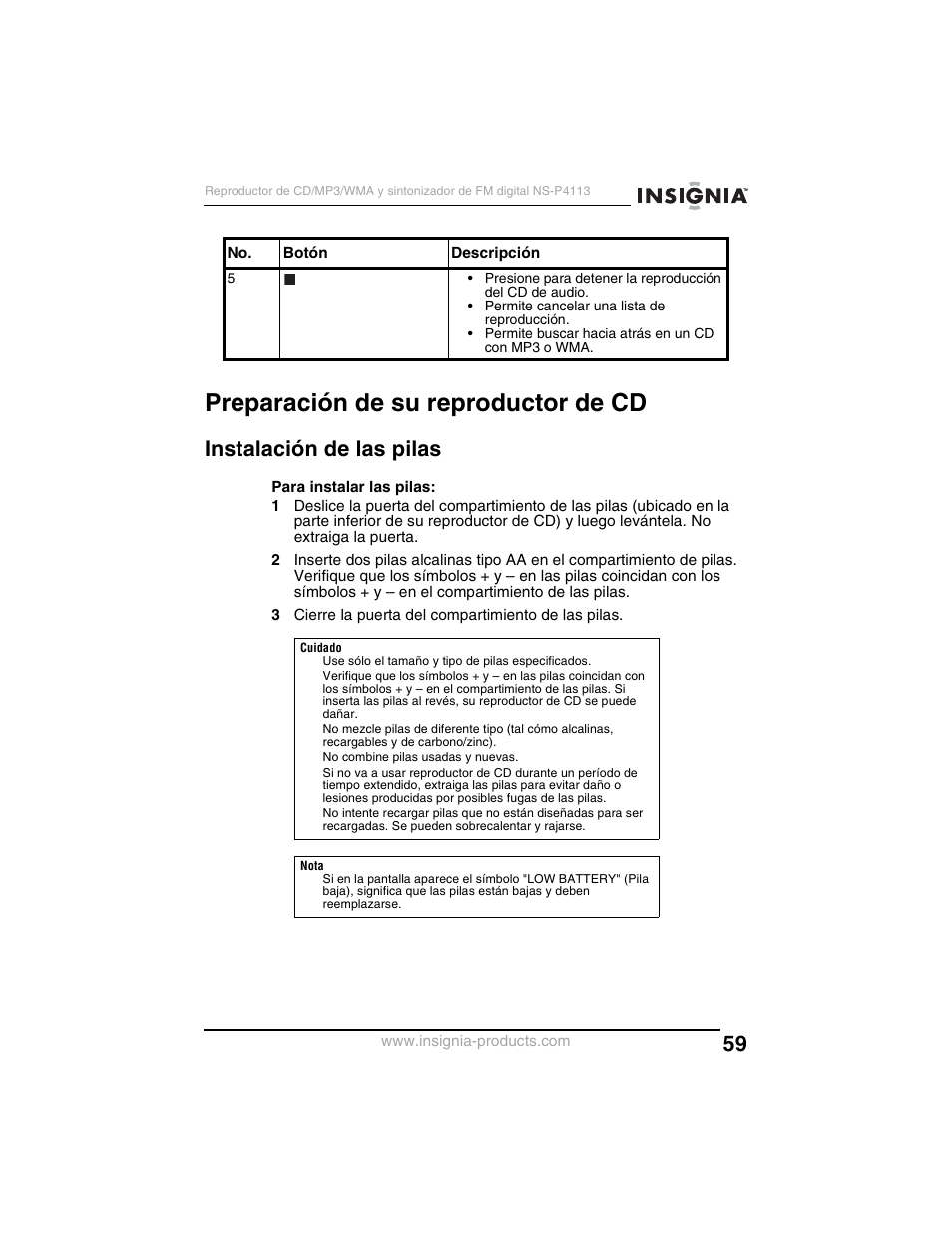 Preparación de su reproductor de cd, Instalación de las pilas | Insignia NS-P4113 User Manual | Page 59 / 80