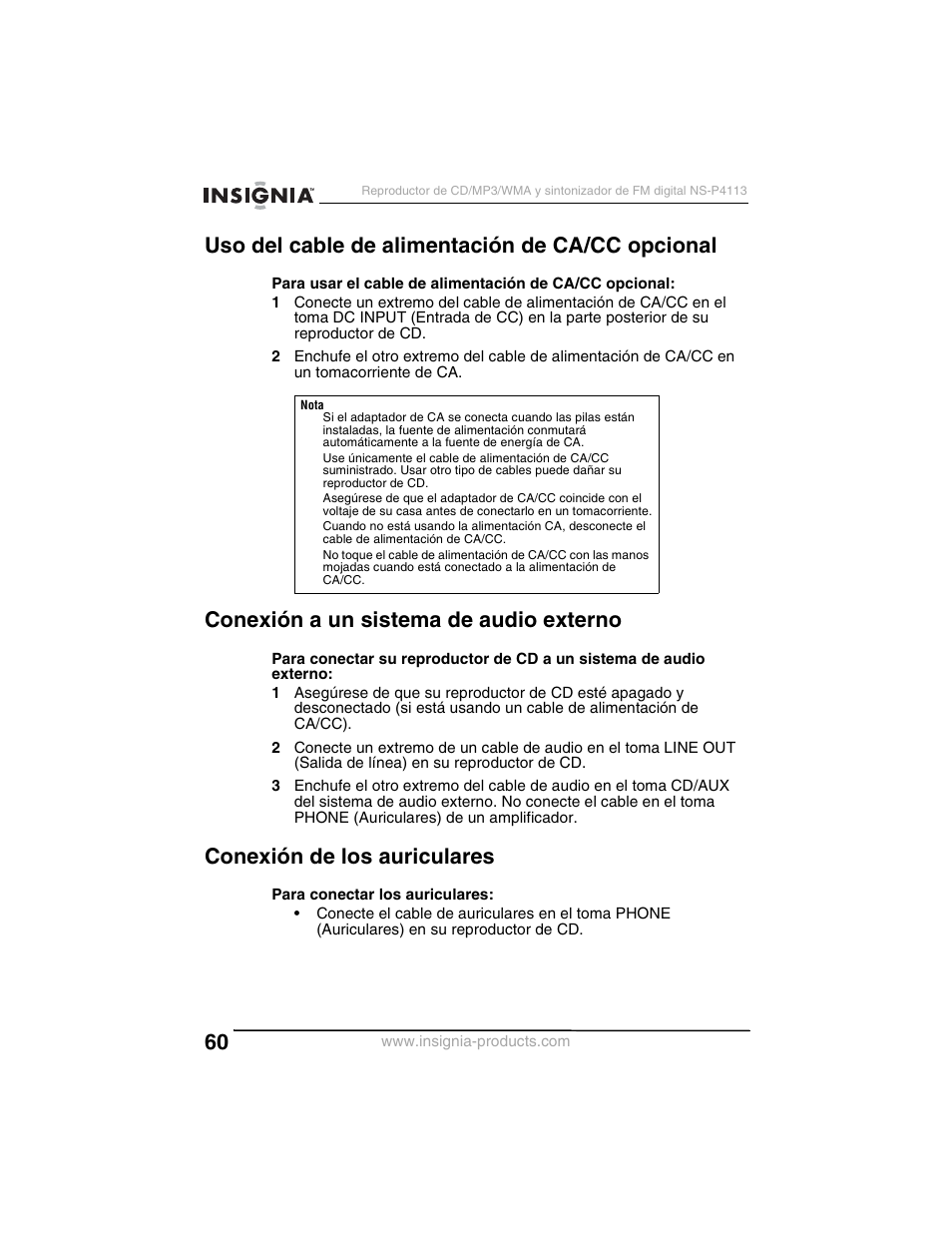 Uso del cable de alimentación de ca/cc opcional, Conexión a un sistema de audio externo, Conexión de los auriculares | Insignia NS-P4113 User Manual | Page 60 / 80