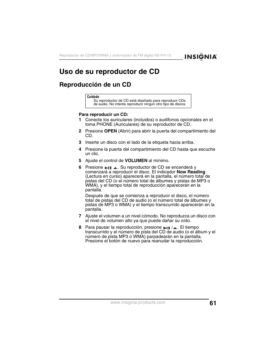 Uso de su reproductor de cd, Reproducción de un cd | Insignia NS-P4113 User Manual | Page 61 / 80