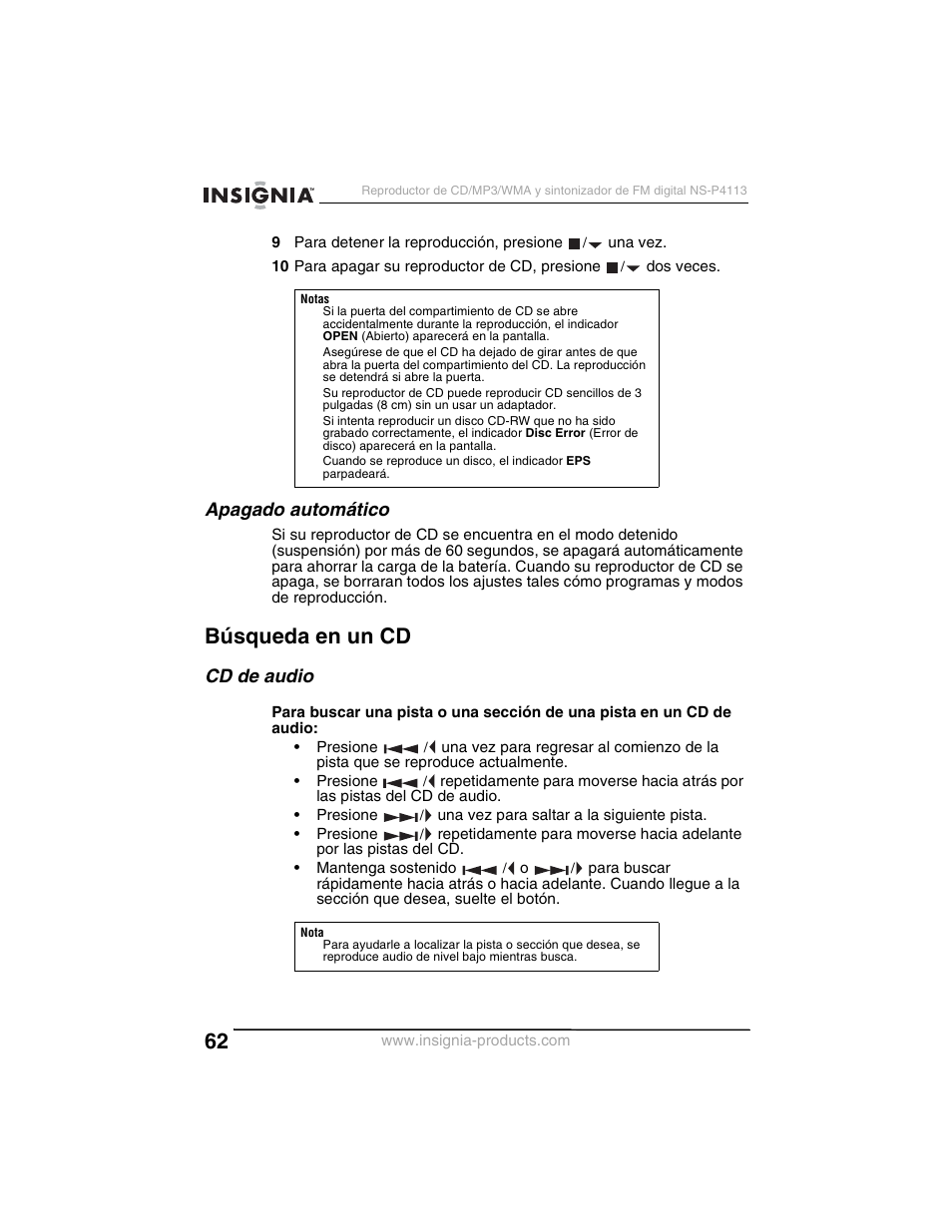 Búsqueda en un cd, Apagado automático, Cd de audio | Insignia NS-P4113 User Manual | Page 62 / 80