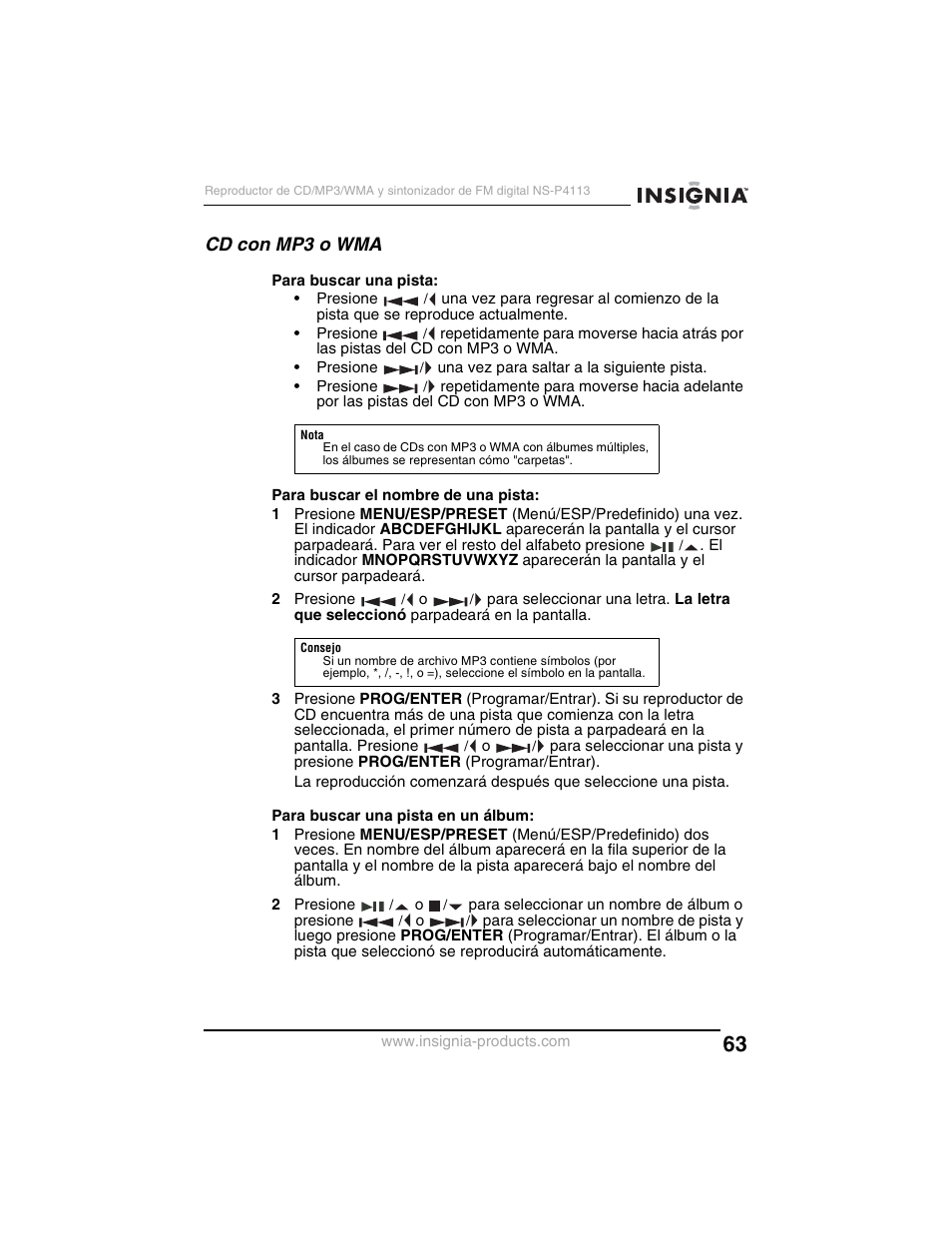 Cd con mp3 o wma | Insignia NS-P4113 User Manual | Page 63 / 80