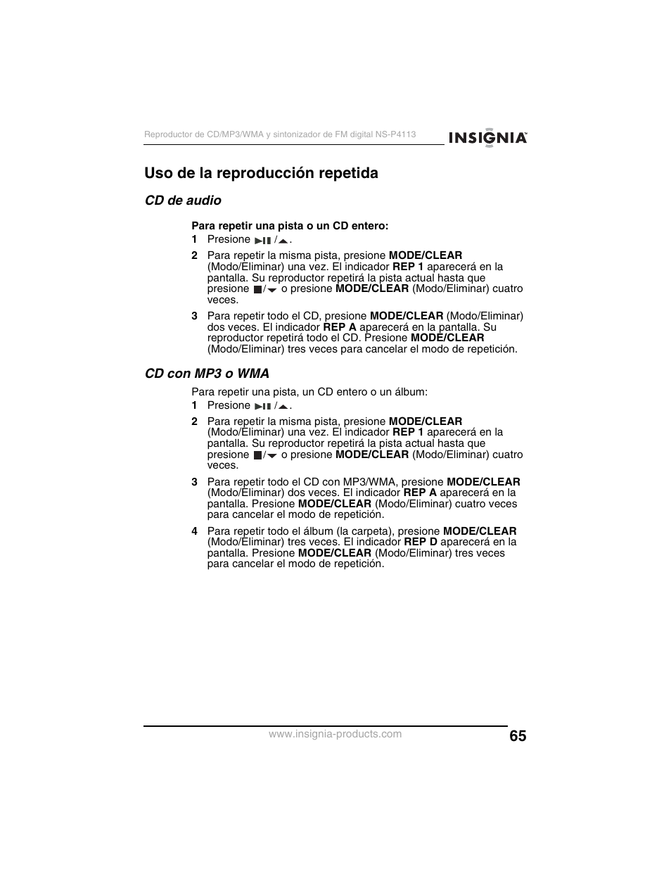 Uso de la reproducción repetida, Cd de audio, Cd con mp3 o wma | Insignia NS-P4113 User Manual | Page 65 / 80