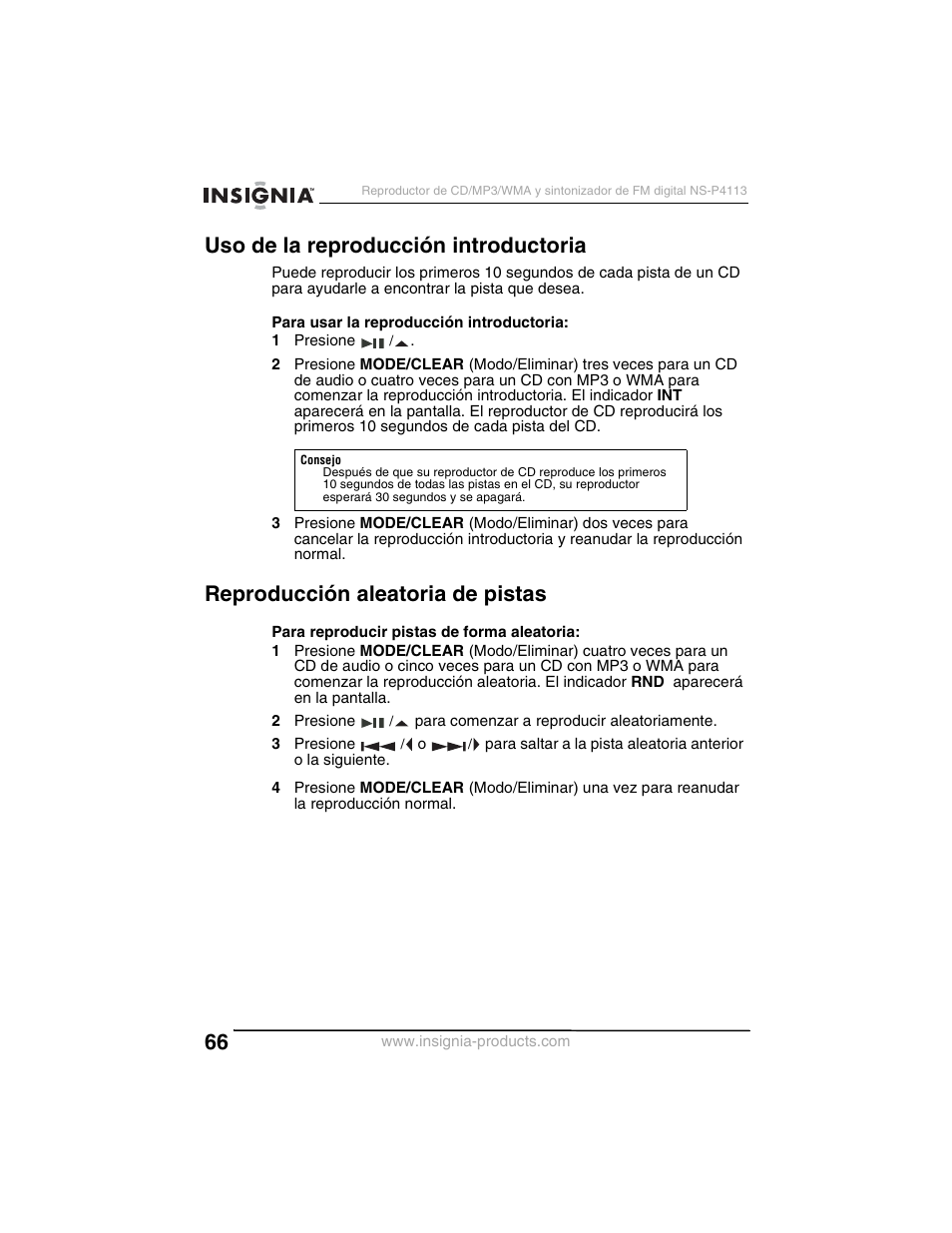 Uso de la reproducción introductoria, Reproducción aleatoria de pistas | Insignia NS-P4113 User Manual | Page 66 / 80