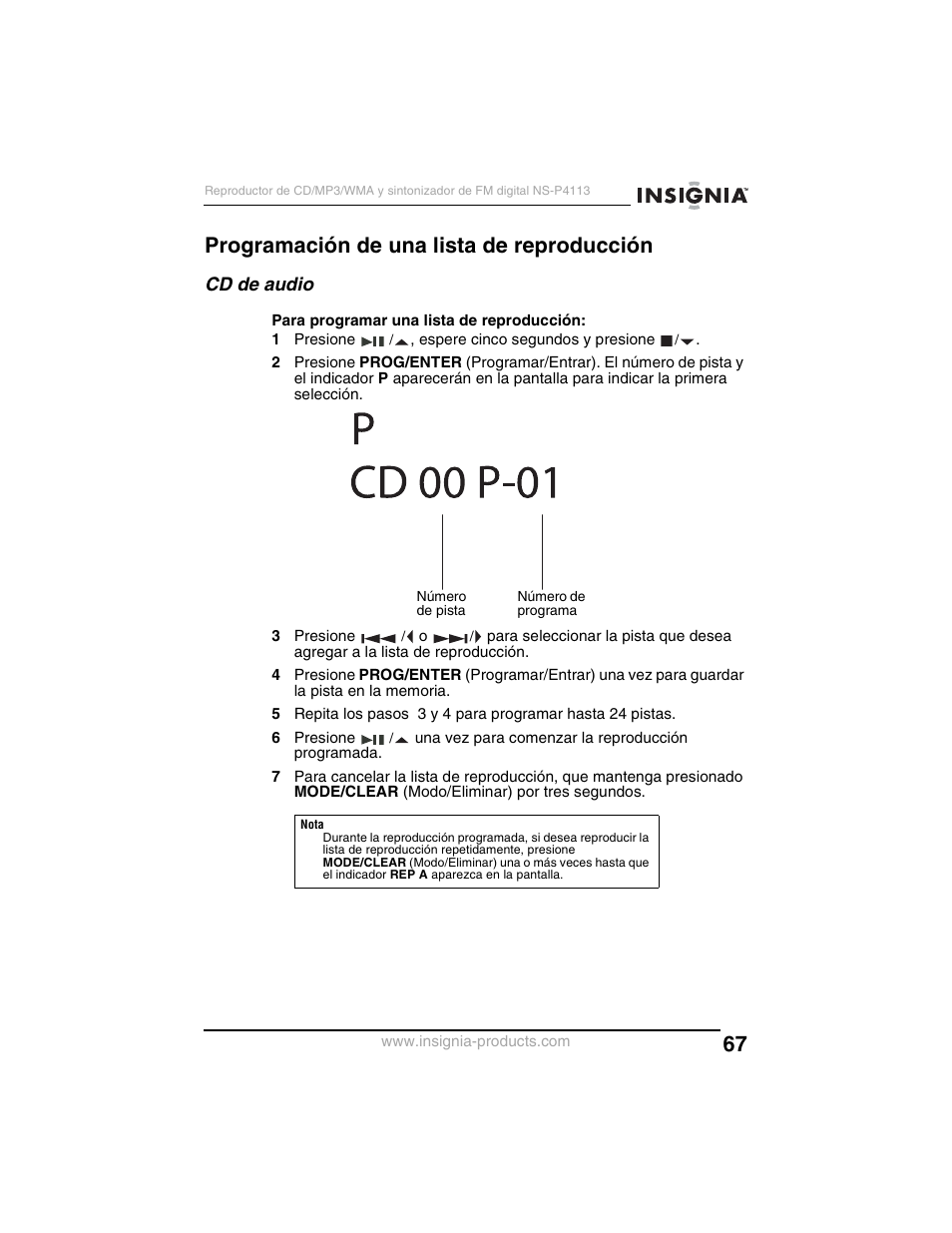 Programación de una lista de reproducción, Cd de audio | Insignia NS-P4113 User Manual | Page 67 / 80