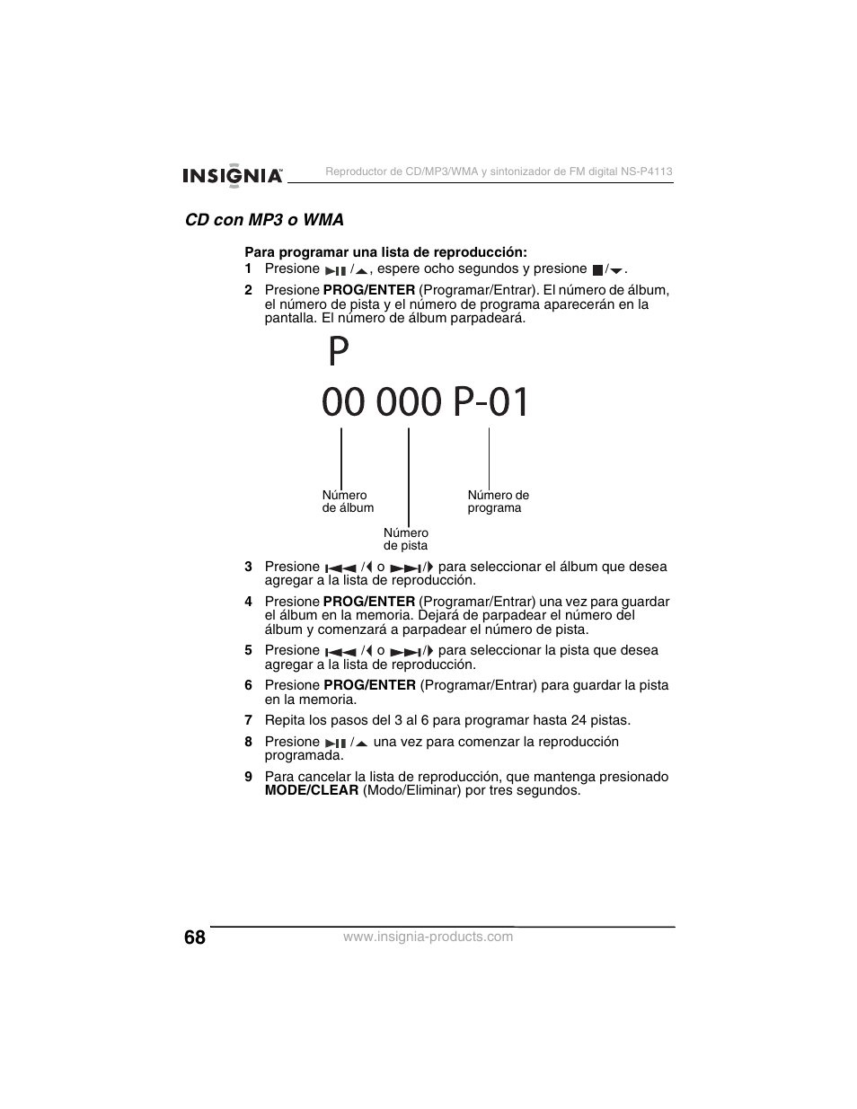 Cd con mp3 o wma | Insignia NS-P4113 User Manual | Page 68 / 80