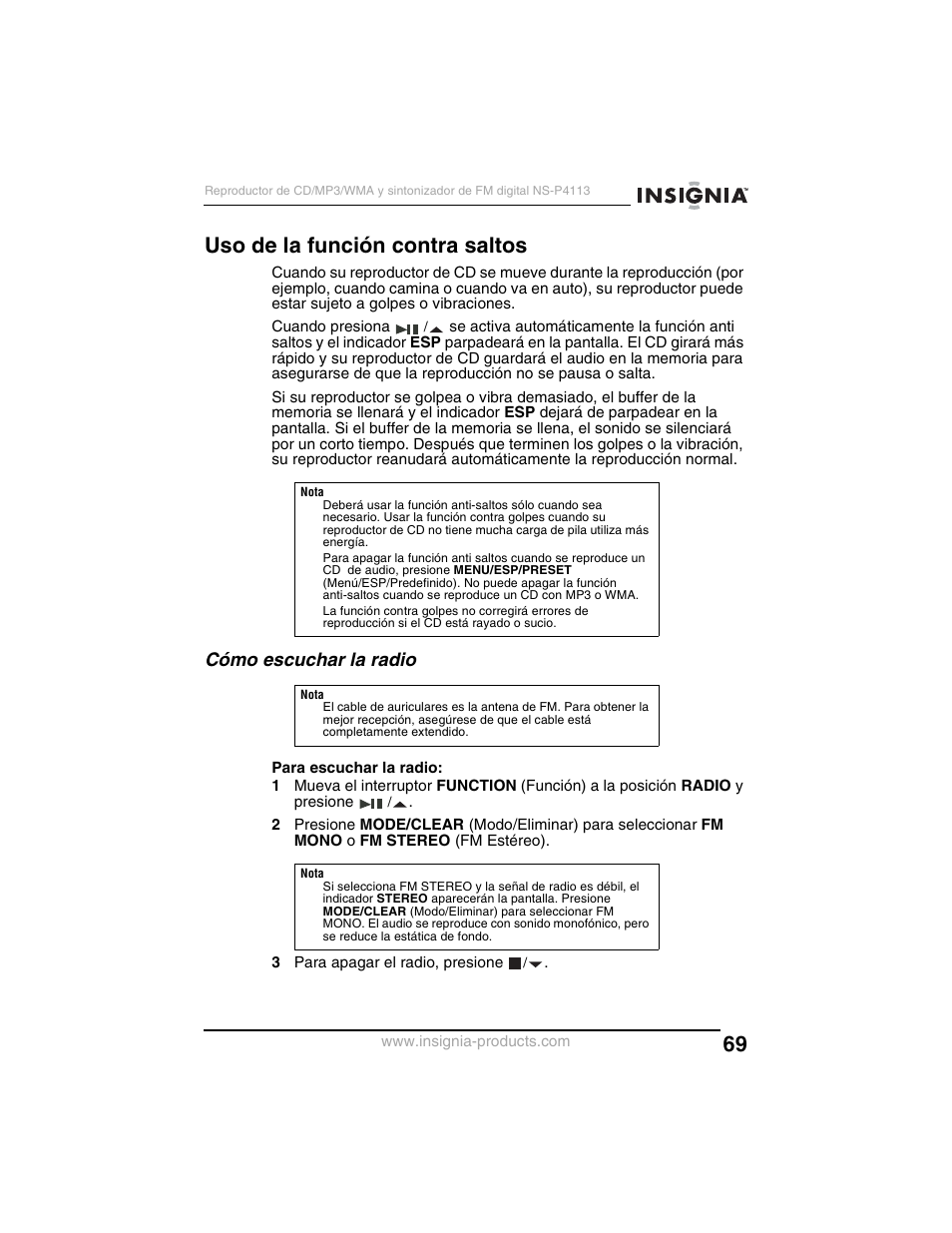 Uso de la función contra saltos, Cómo escuchar la radio | Insignia NS-P4113 User Manual | Page 69 / 80