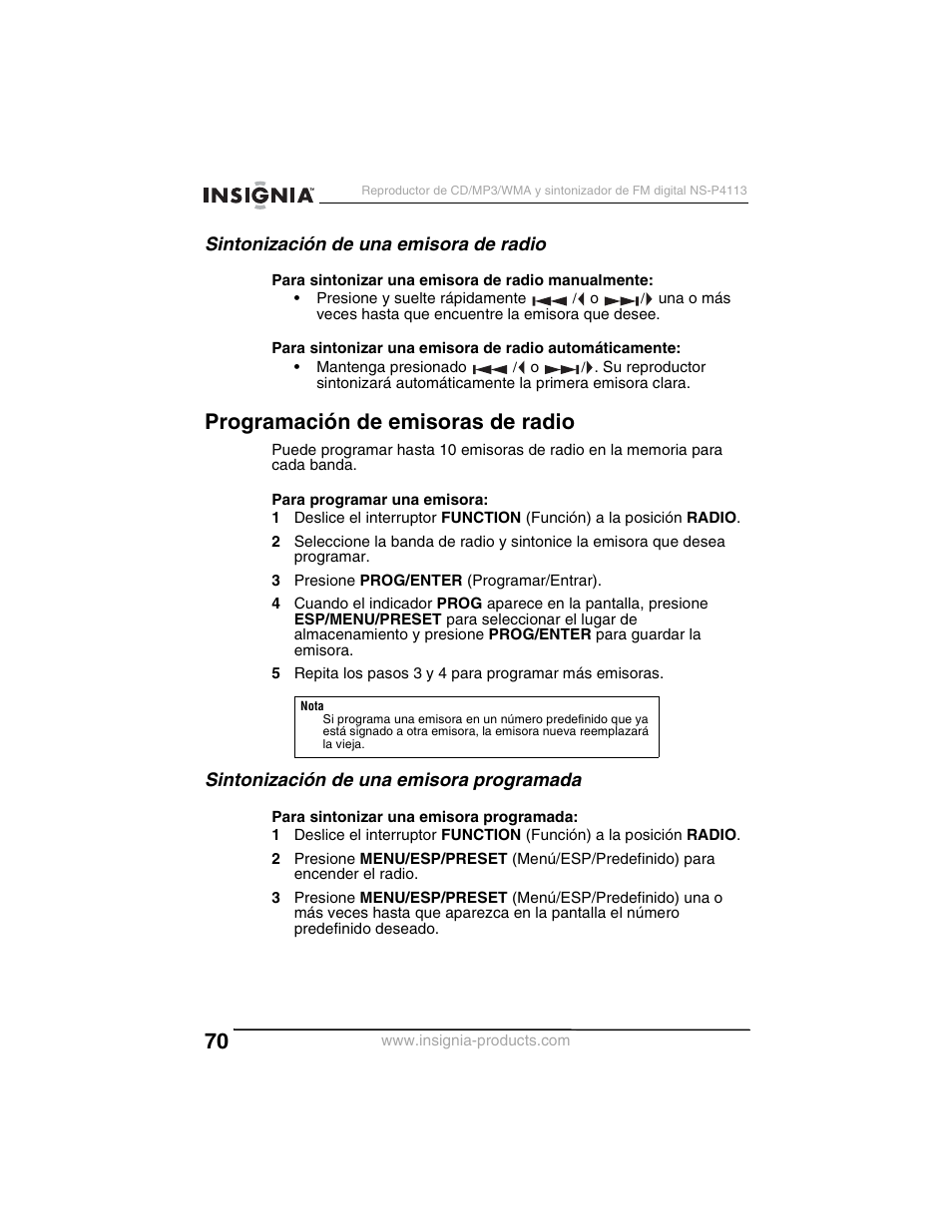 Programación de emisoras de radio, Sintonización de una emisora de radio, Sintonización de una emisora programada | Insignia NS-P4113 User Manual | Page 70 / 80
