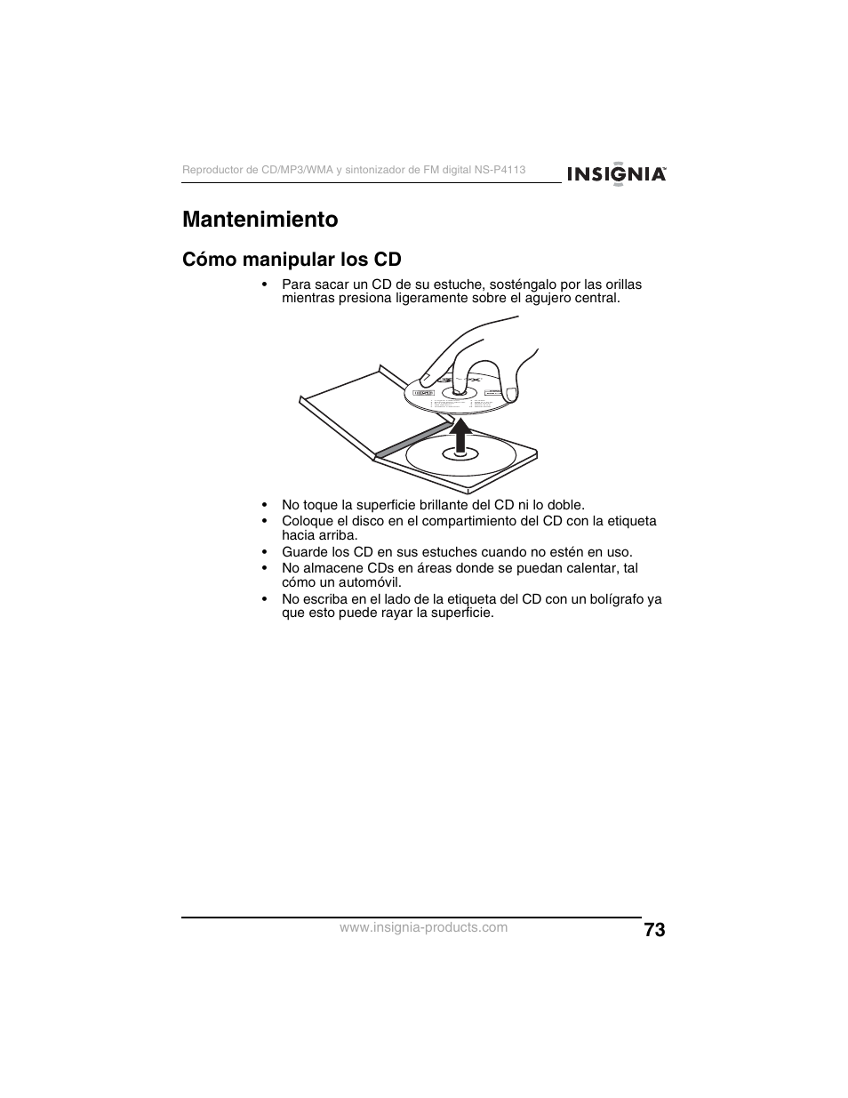 Mantenimiento, Cómo manipular los cd | Insignia NS-P4113 User Manual | Page 73 / 80