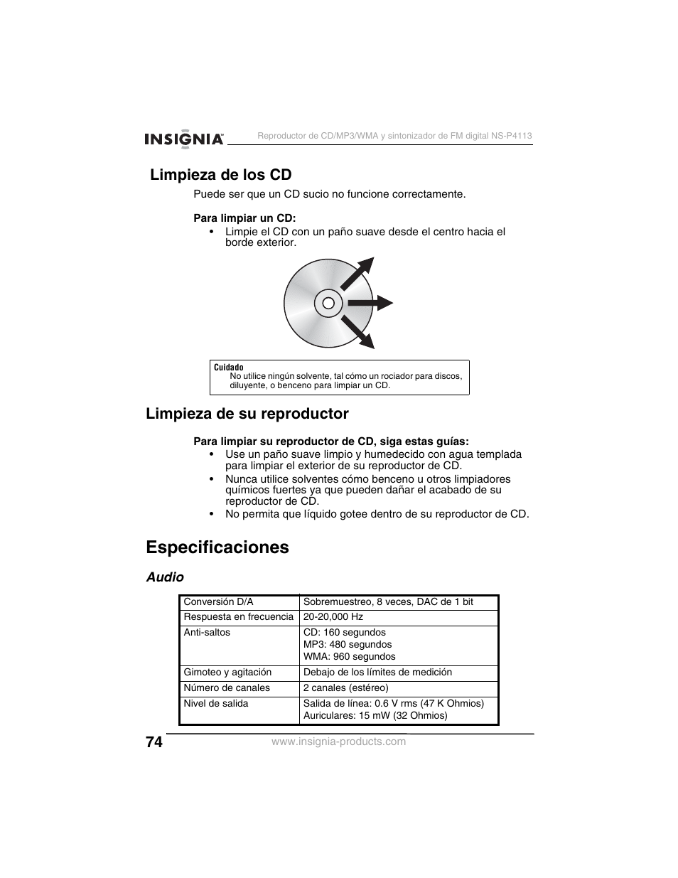 Especificaciones, Limpieza de los cd, Limpieza de su reproductor | Audio | Insignia NS-P4113 User Manual | Page 74 / 80