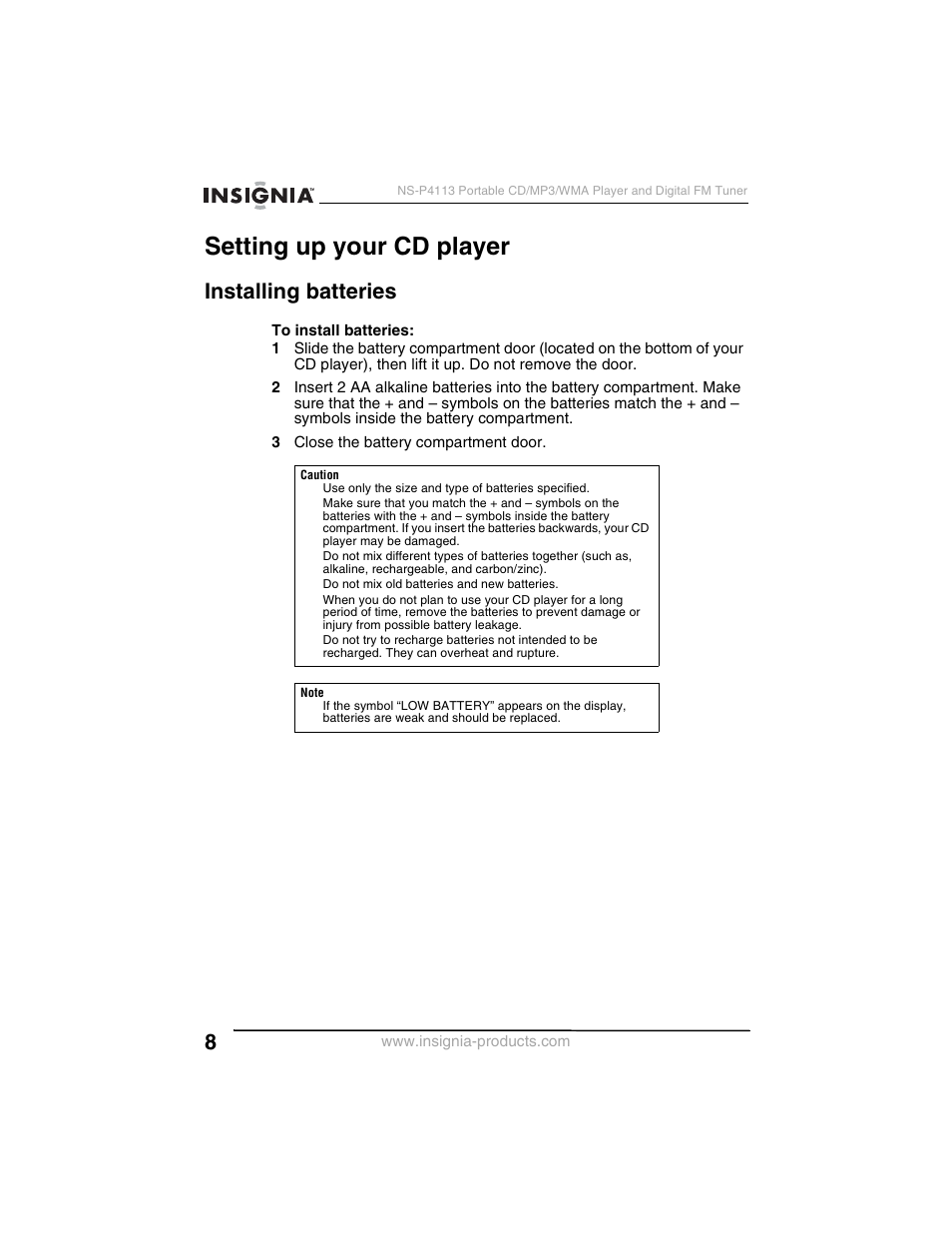 Setting up your cd player, Installing batteries | Insignia NS-P4113 User Manual | Page 8 / 80