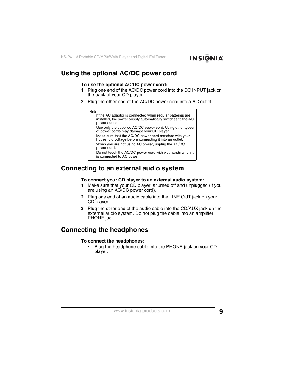 Using the optional ac/dc power cord, Connecting to an external audio system, Connecting the headphones | Insignia NS-P4113 User Manual | Page 9 / 80