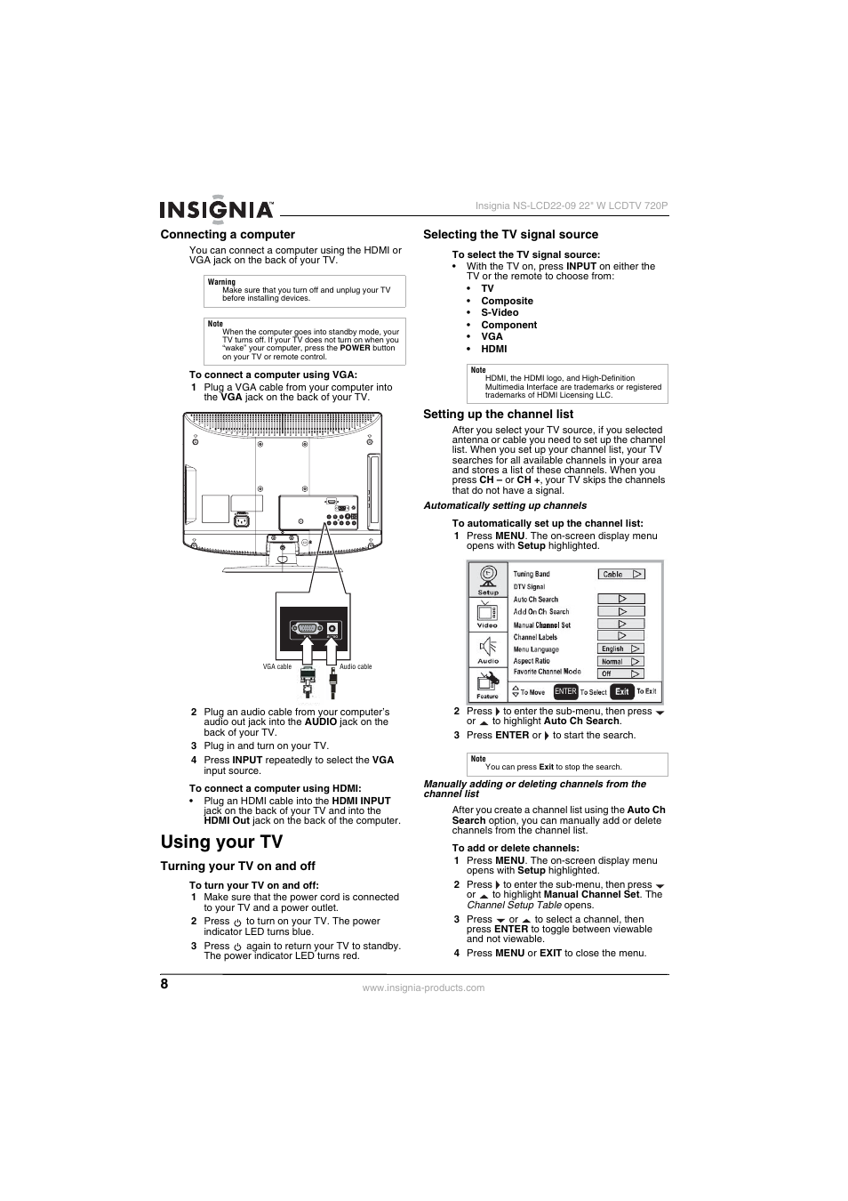 Connecting a computer, Using your tv, Turning your tv on and off | Selecting the tv signal source, Setting up the channel list, 8 fo | Insignia NS-LCD22-09 User Manual | Page 10 / 40
