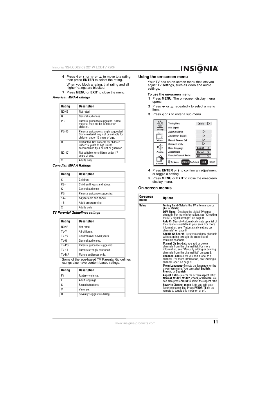 Using the on-screen menu, On-screen menus, Using the on-screen menu on-screen menus | Insignia NS-LCD22-09 User Manual | Page 13 / 40