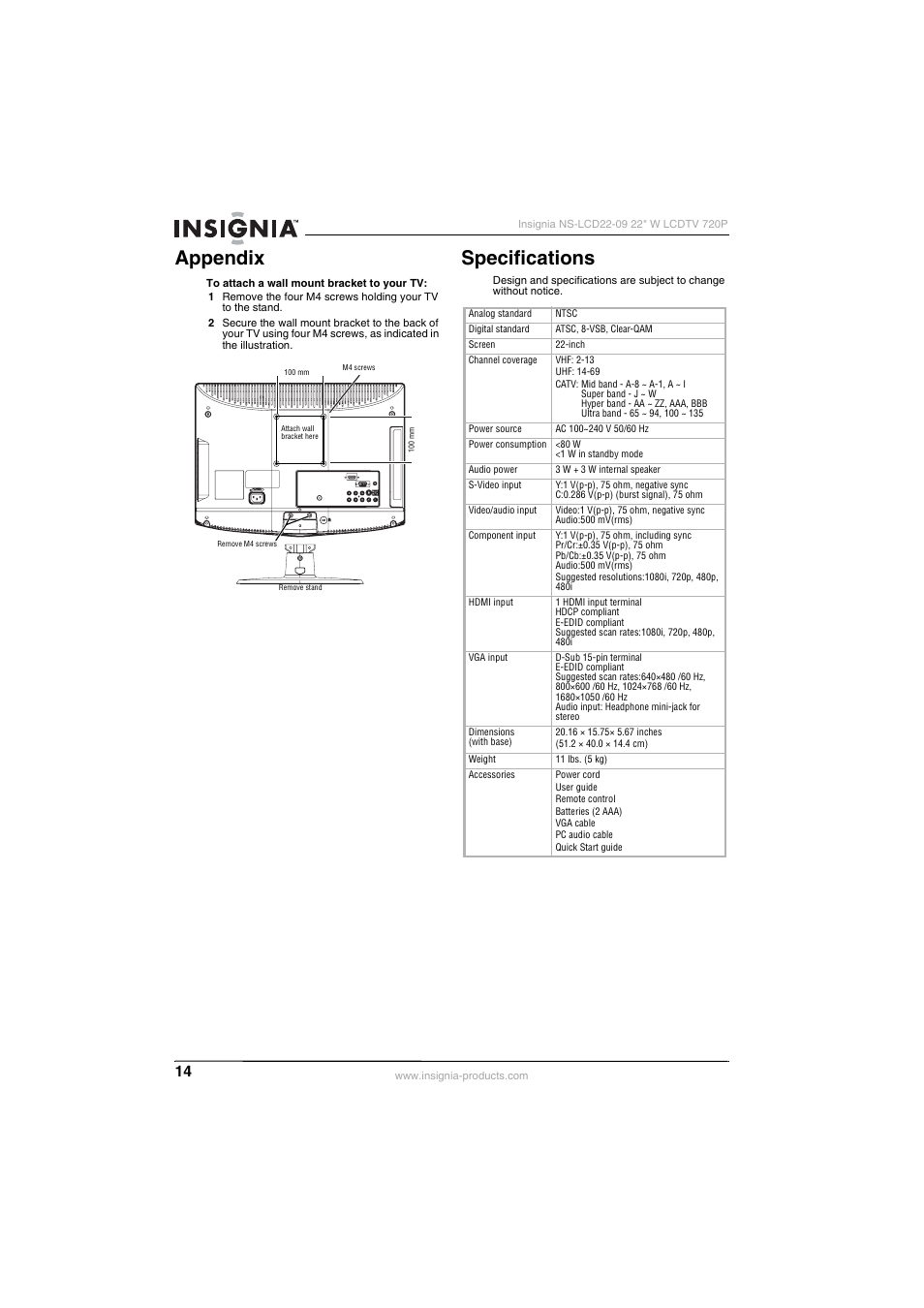 Appendix, Specifications, Appendix specifications | Insignia NS-LCD22-09 User Manual | Page 16 / 40