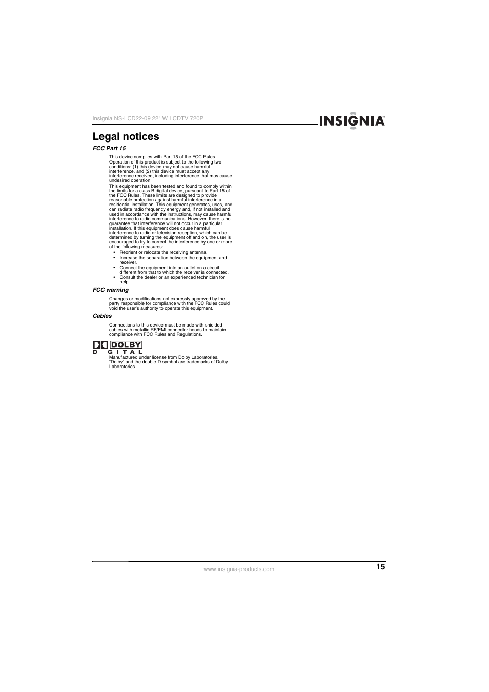 Legal notices | Insignia NS-LCD22-09 User Manual | Page 17 / 40