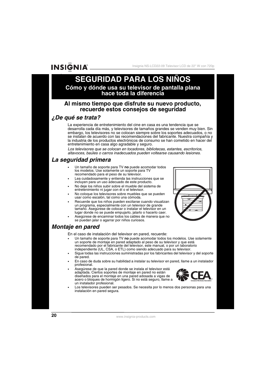 Seguridad para los niños, La seguridad primera, Montaje en pared | Insignia NS-LCD22-09 User Manual | Page 22 / 40