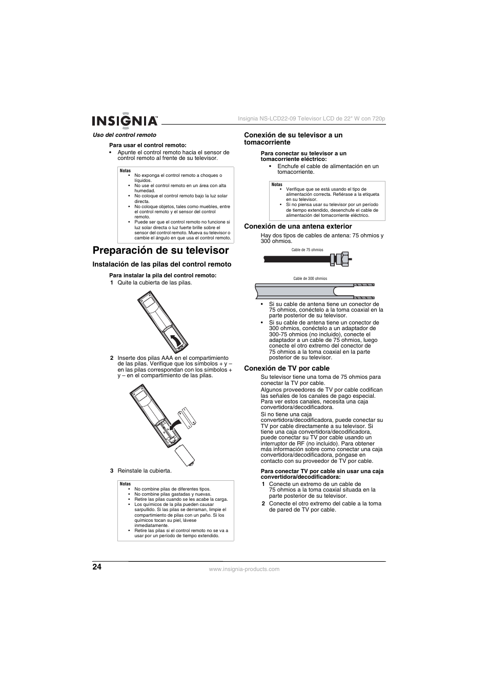 Preparación de su televisor, Instalación de las pilas del control remoto, Conexión de su televisor a un tomacorriente | Conexión de una antena exterior, Conexión de tv por cable | Insignia NS-LCD22-09 User Manual | Page 26 / 40