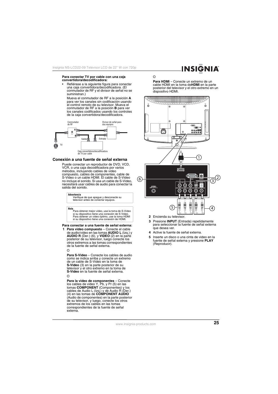 Conexión a una fuente de señal externa | Insignia NS-LCD22-09 User Manual | Page 27 / 40