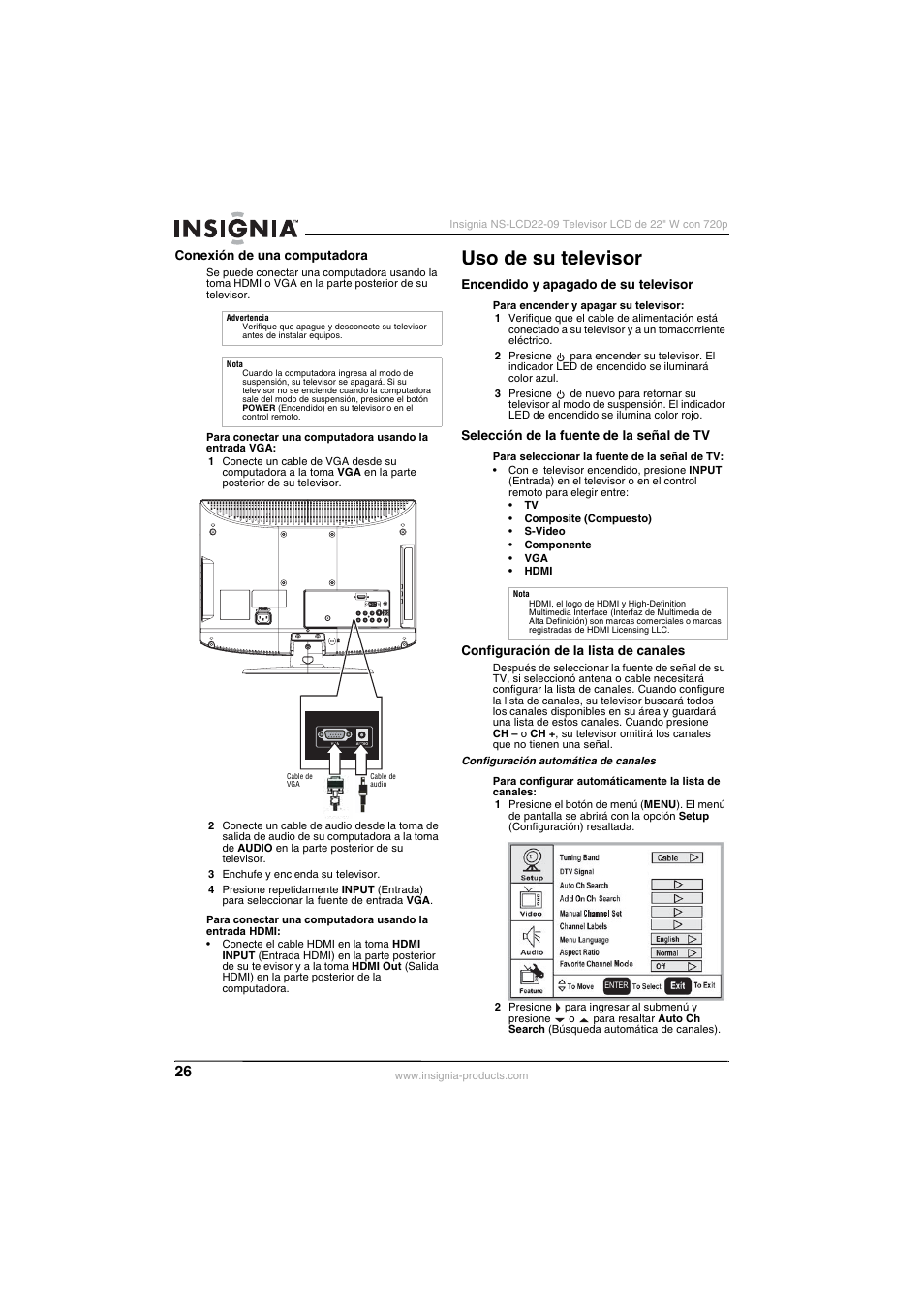 Conexión de una computadora, Uso de su televisor, Encendido y apagado de su televisor | Selección de la fuente de la señal de tv, Configuración de la lista de canales, Se a “configuración de la lista de canales” en l | Insignia NS-LCD22-09 User Manual | Page 28 / 40
