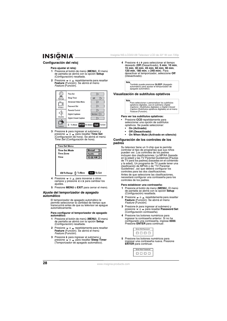 Configuración del reloj, Ajuste del temporizador de apagado automático, Visualización de subtítulos optativos | Configuración de los controles de los padres, Se a “configuración de los controles de los padres, Na 28, A “ajuste del temporizador de apagado automático, Visualización de subtítulos optativos” en | Insignia NS-LCD22-09 User Manual | Page 30 / 40