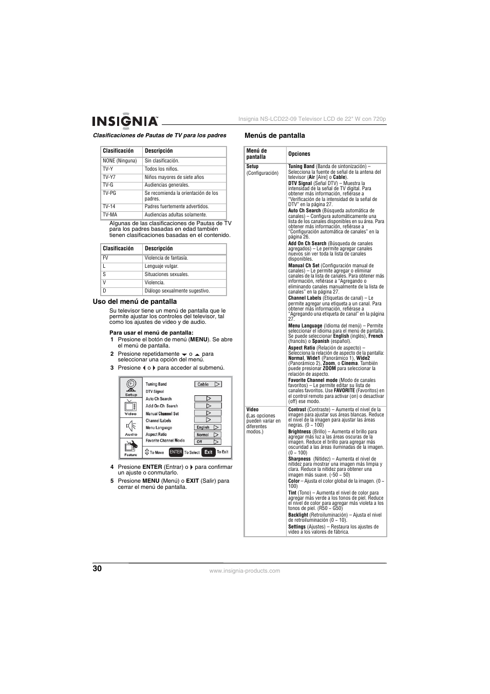 Uso del menú de pantalla, Menús de pantalla, Uso del menú de pantalla menús de pantalla | Insignia NS-LCD22-09 User Manual | Page 32 / 40