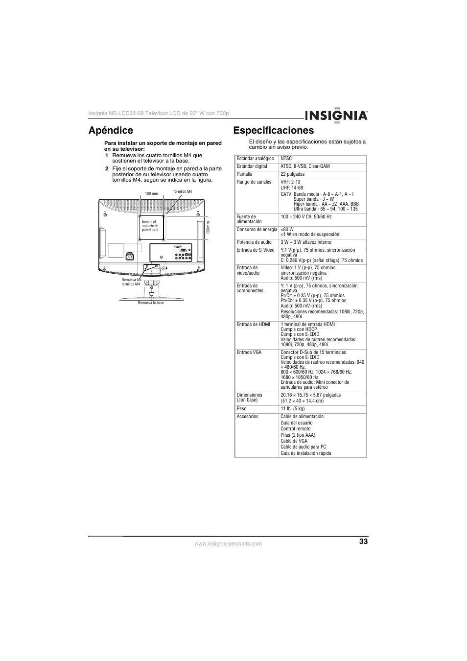 Apéndice, Especificaciones, Apéndice especificaciones | Insignia NS-LCD22-09 User Manual | Page 35 / 40