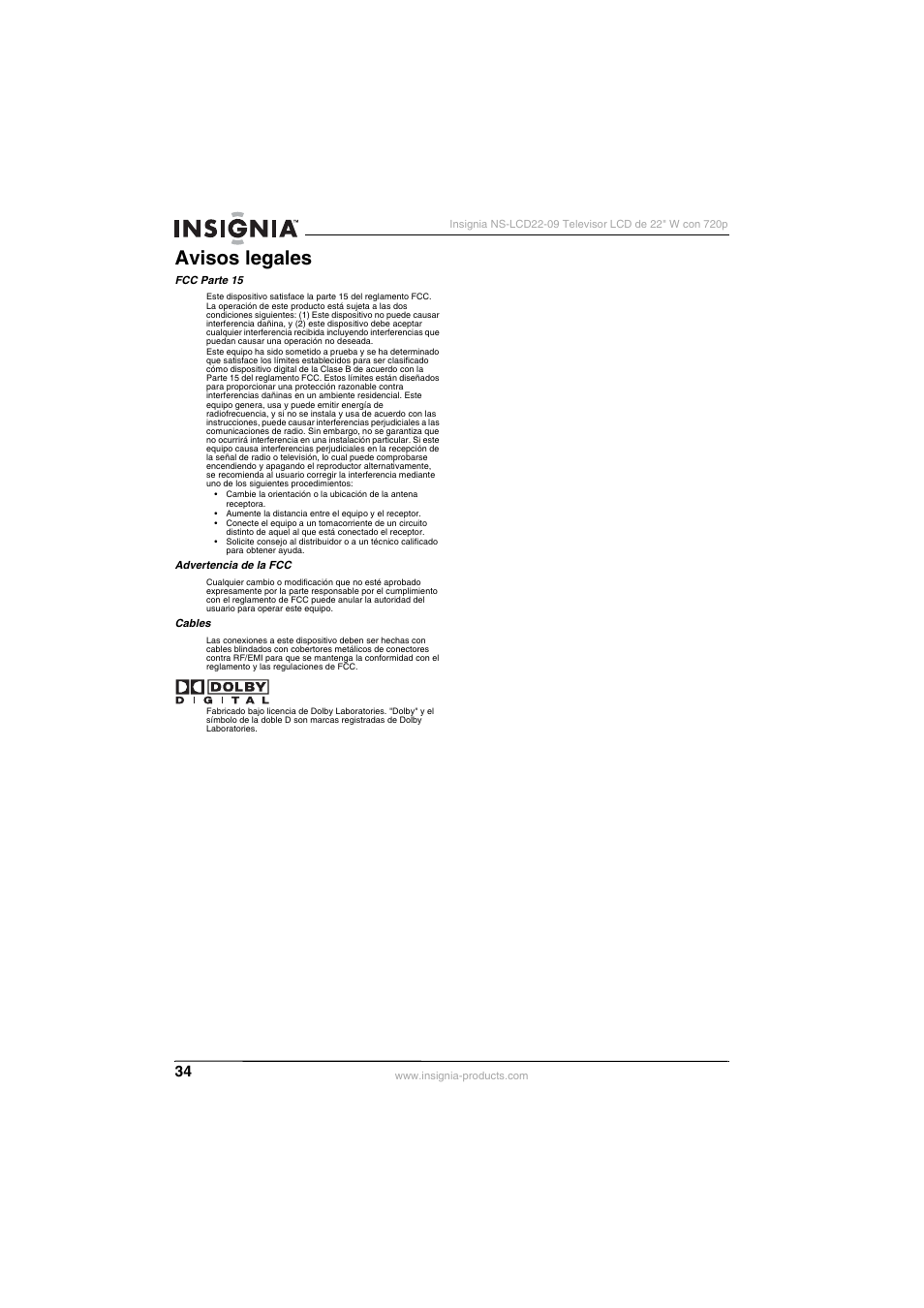 Avisos legales | Insignia NS-LCD22-09 User Manual | Page 36 / 40