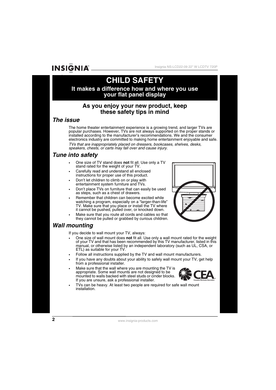 Child safety, Tune into safety, Wall mounting | Insignia NS-LCD22-09 User Manual | Page 4 / 40