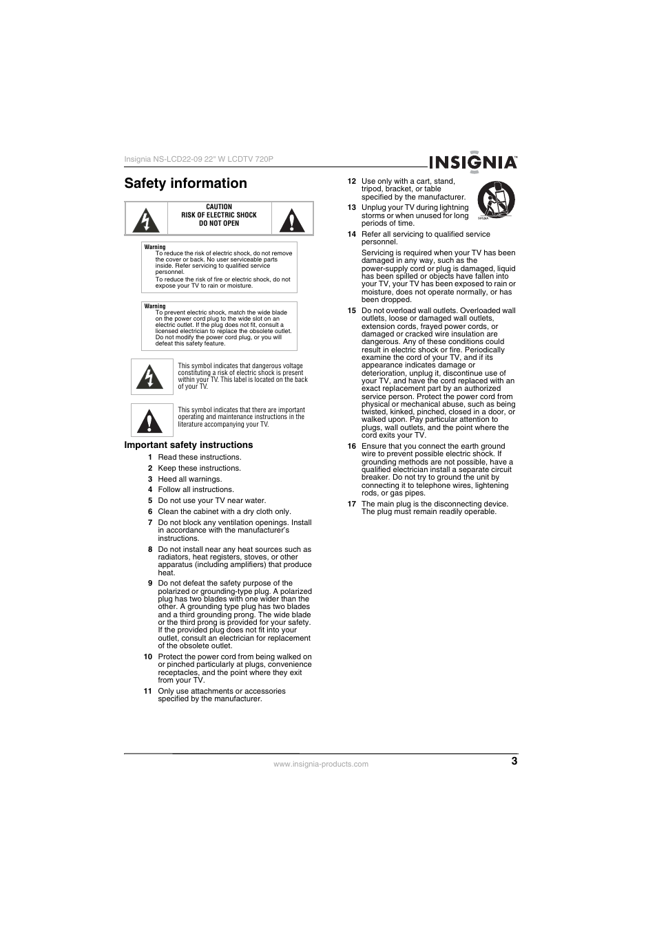 Safety information, Important safety instructions | Insignia NS-LCD22-09 User Manual | Page 5 / 40