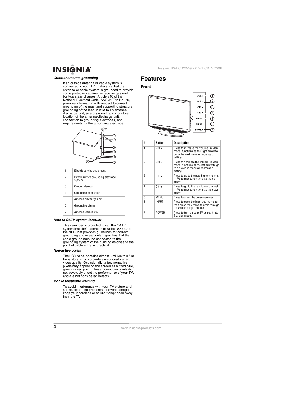 Features, Front | Insignia NS-LCD22-09 User Manual | Page 6 / 40