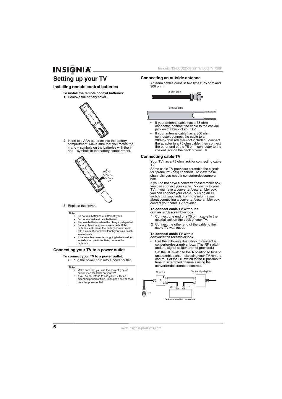 Setting up your tv, Installing remote control batteries, Connecting your tv to a power outlet | Connecting an outside antenna, Connecting cable tv | Insignia NS-LCD22-09 User Manual | Page 8 / 40