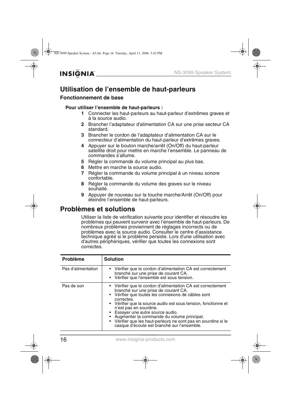 Utilisation de l’ensemble de haut-parleurs, Problèmes et solutions | Insignia NS-3099 User Manual | Page 17 / 28