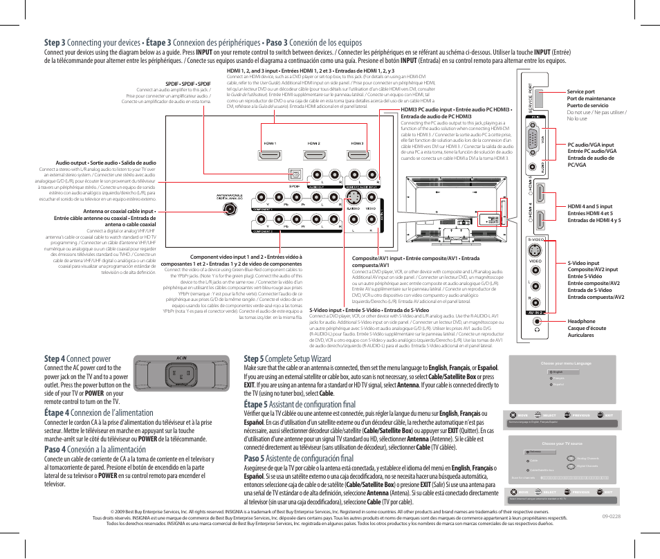 Step 5 complete setup wizard, Étape 5 assistant de configuration final, Paso 5 asistente de configuración final | Step 4 connect power, Étape 4 connexion de l’alimentation, Paso 4 conexión a la alimentación | Insignia NS-L46X-10A User Manual | Page 2 / 2