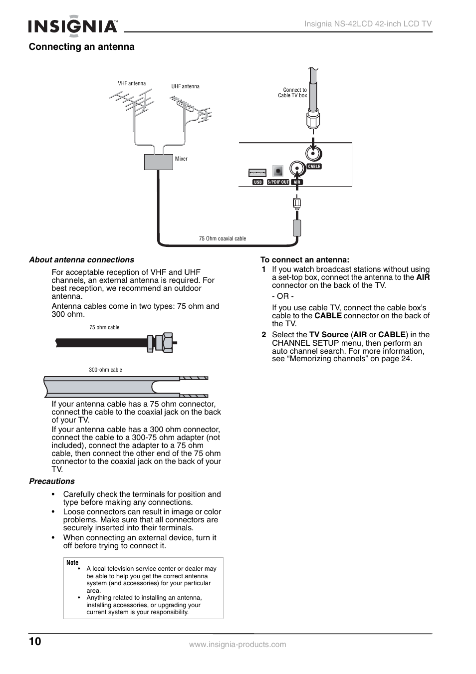 Connecting an antenna | Insignia NS-42 User Manual | Page 10 / 124