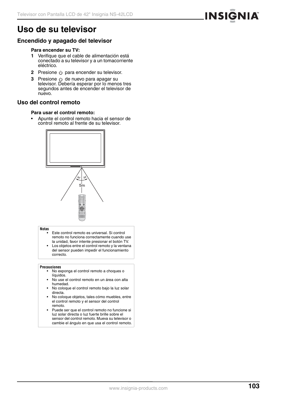 Uso de su televisor, Encendido y apagado del televisor, Uso del control remoto | Insignia NS-42 User Manual | Page 103 / 124