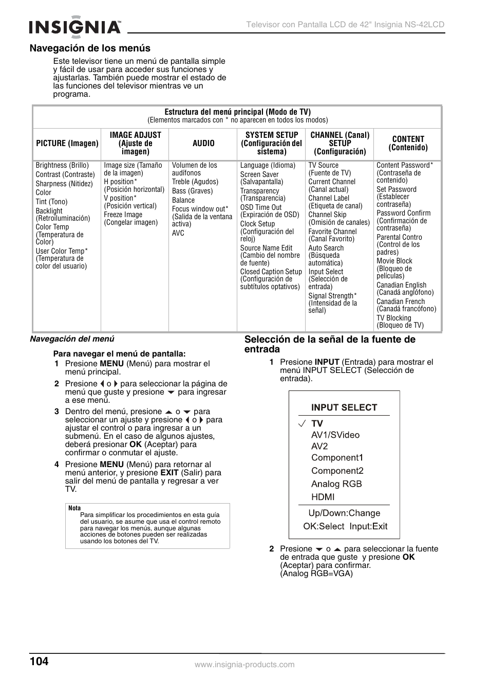 Navegación de los menús, Selección de la señal de la fuente de entrada | Insignia NS-42 User Manual | Page 104 / 124