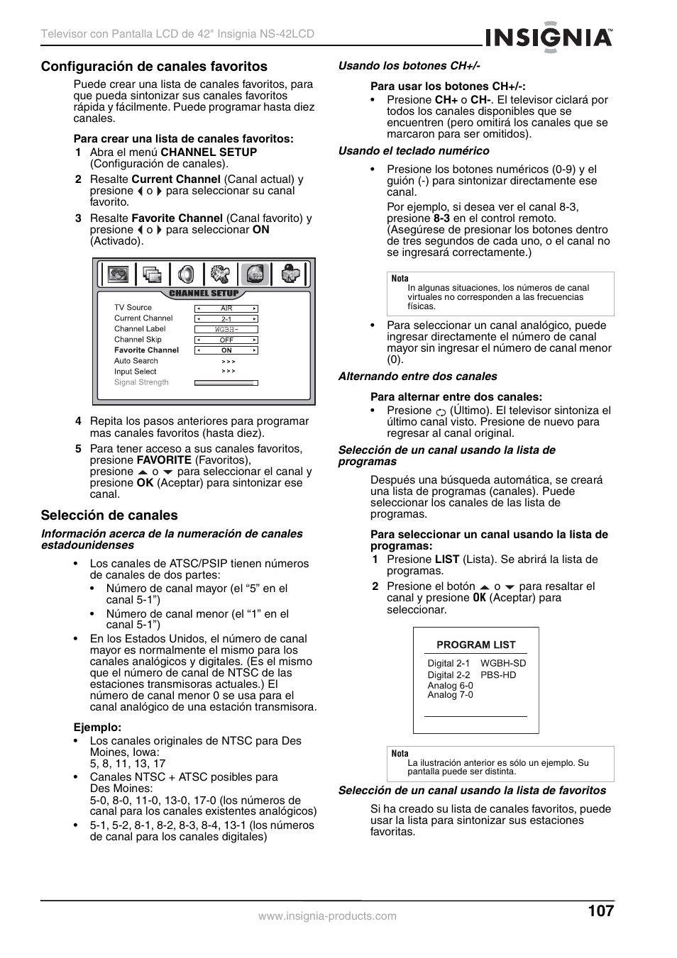 Configuración de canales favoritos, Selección de canales | Insignia NS-42 User Manual | Page 107 / 124