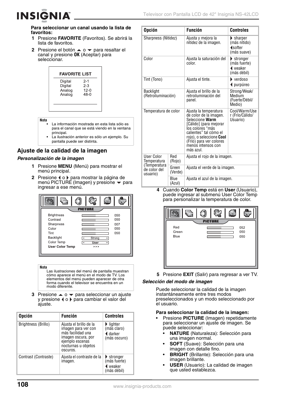 Ajuste de la calidad de la imagen | Insignia NS-42 User Manual | Page 108 / 124