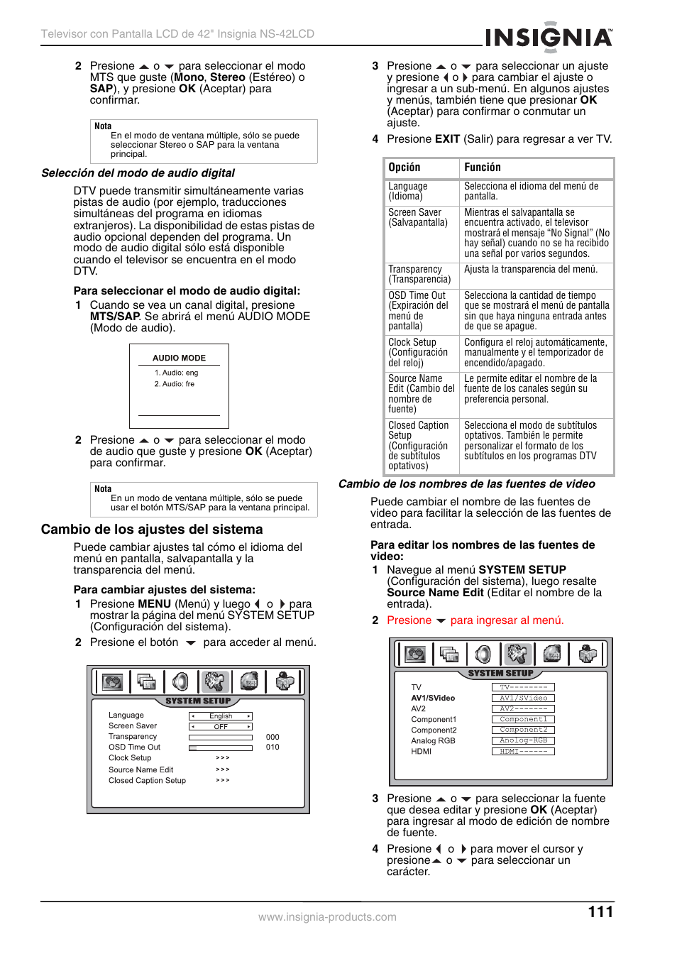 Cambio de los ajustes del sistema | Insignia NS-42 User Manual | Page 111 / 124