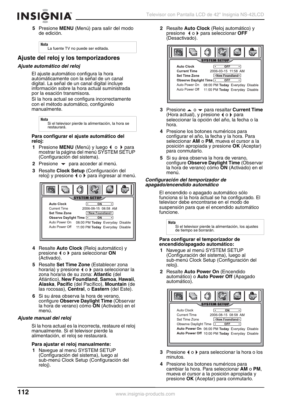 Ajuste del reloj y los temporizadores | Insignia NS-42 User Manual | Page 112 / 124