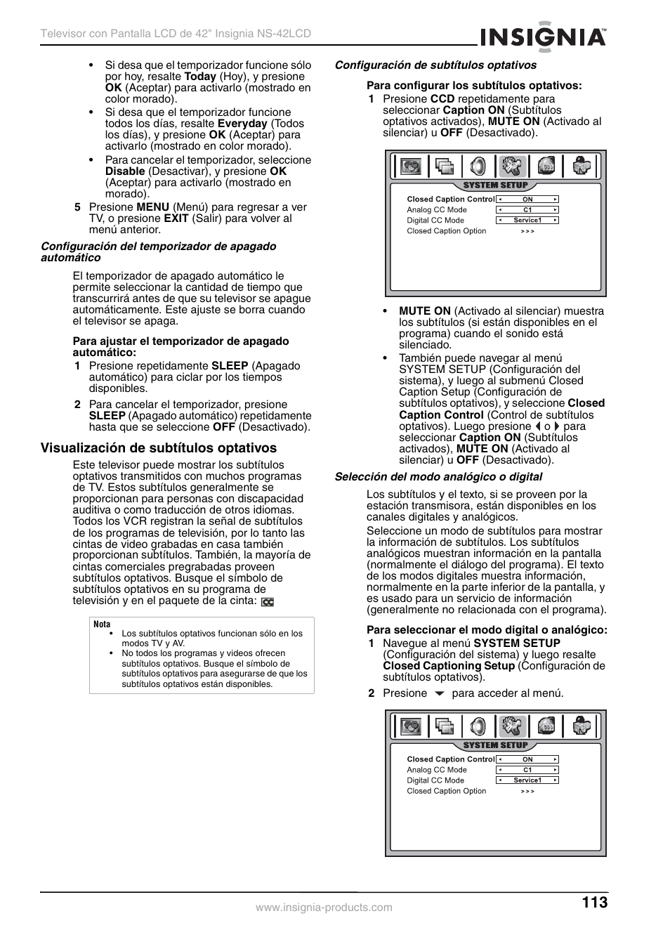 Visualización de subtítulos optativos | Insignia NS-42 User Manual | Page 113 / 124